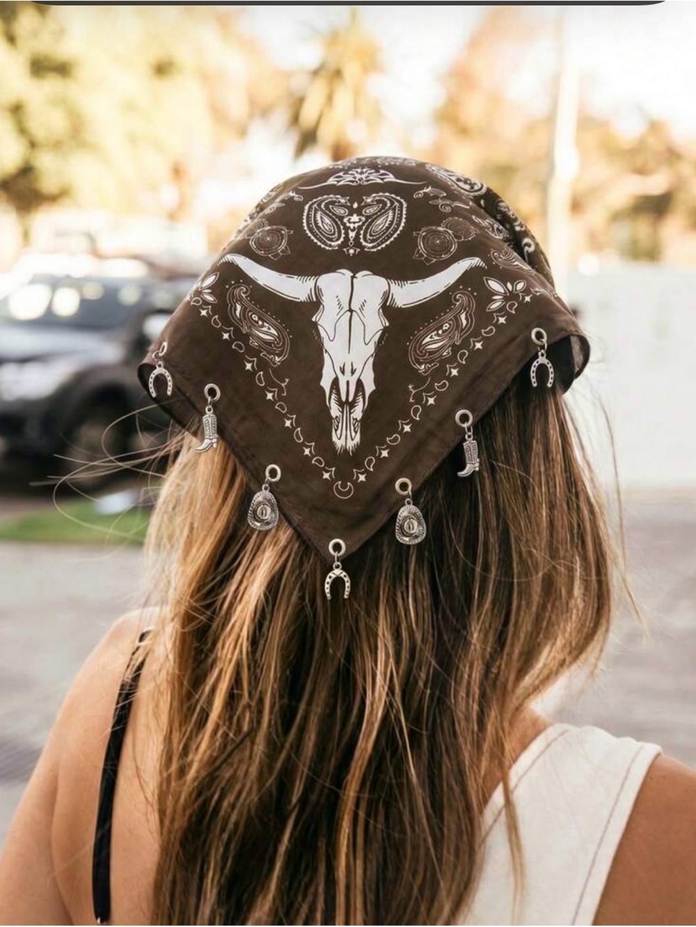 Western Skull Print Bandana Scarf with Silver Charm Trim - Brown